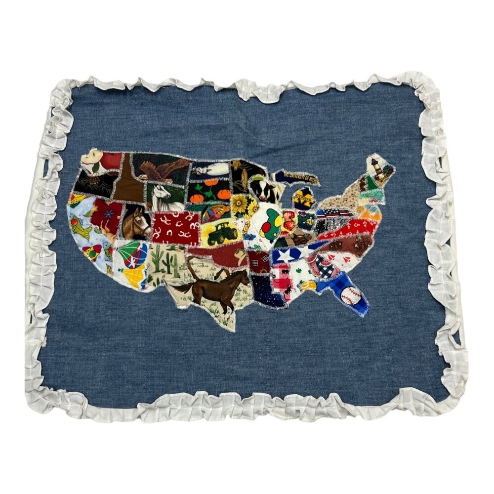 VintageHand Made Standard Pillow Sham US‎ Map Fabric State Patchwork Ruffle